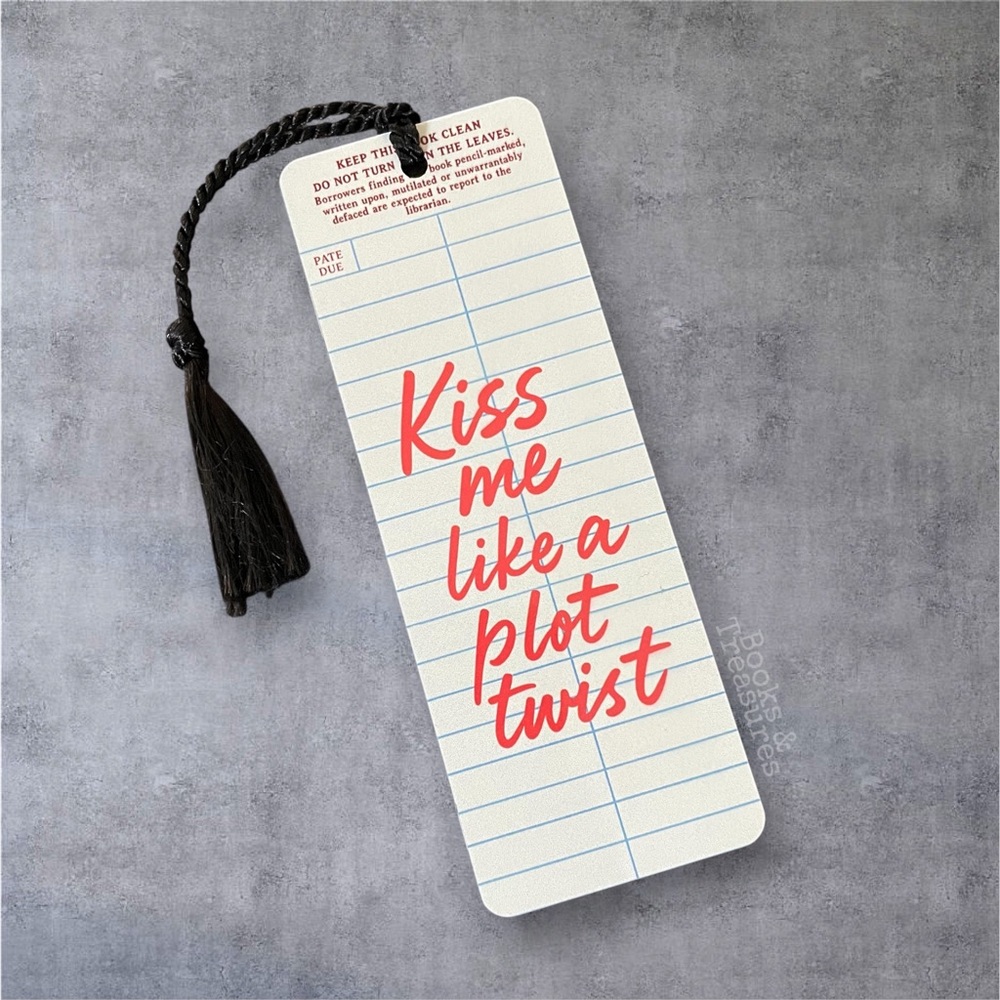 Metal Bookmark – “Kiss Me Like a Plot Twist” | Vintage Library Card Design